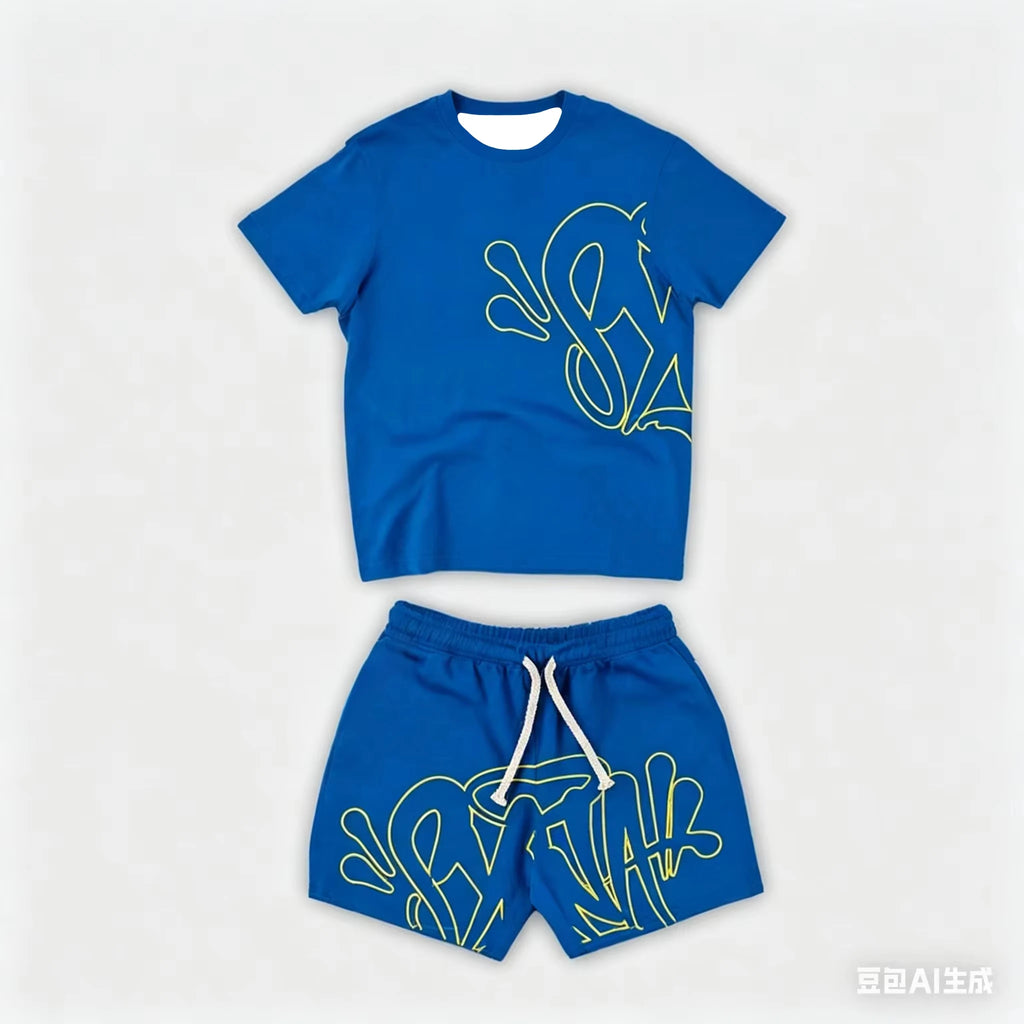 2026 Summer New Style Unisex Abstract Graffiti Graphic 2 Piece Tracksuit Black Tee and Elastic Waist Shorts for Kids Streetwear