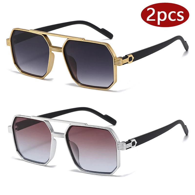 Hiking 2pcs Trendy Metal Polygonal Pilot Anti Light Glasses Luxury Double Beam Men Eyewear Outdoor Driving Shade Sunglasses