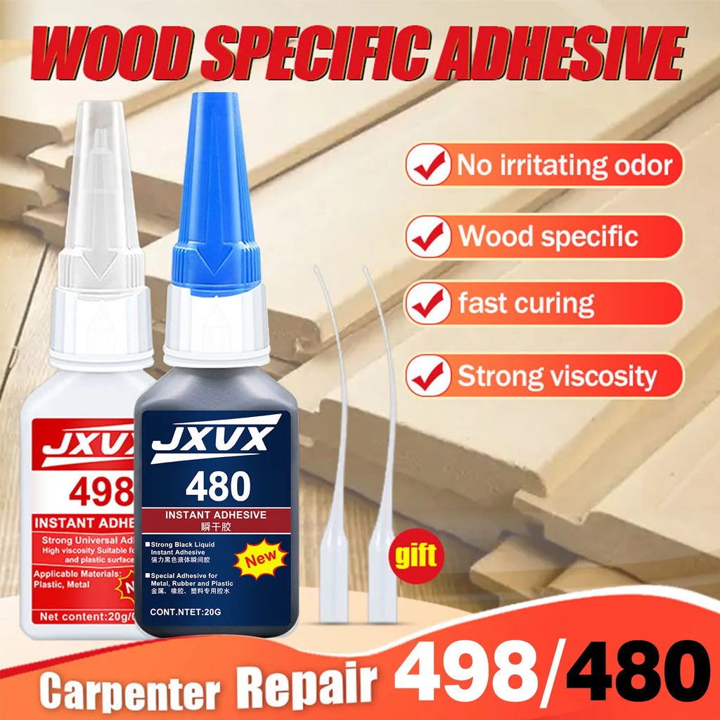 498/480 Clear/Black Wood Super Glue For Woodworking Furniture Repair Safe Carpenter Glue Instant Quick-drying Cyanoacrylate Adhesive For for Chairs Tables Doors and Wooden Floors.