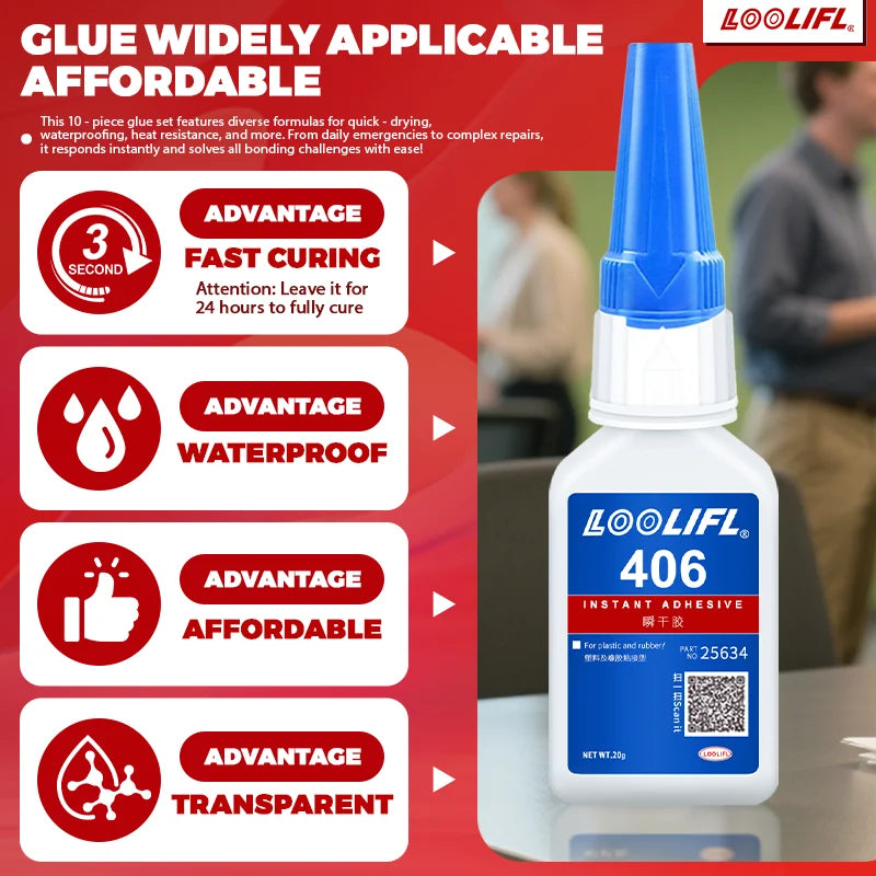 1-3pcs 406 Super Glue 20g Instant Quick-drying Cyanoacrylate Adhesive Leather Rubber Wood Metal Strong Bond Liquid Glue DIY Tool