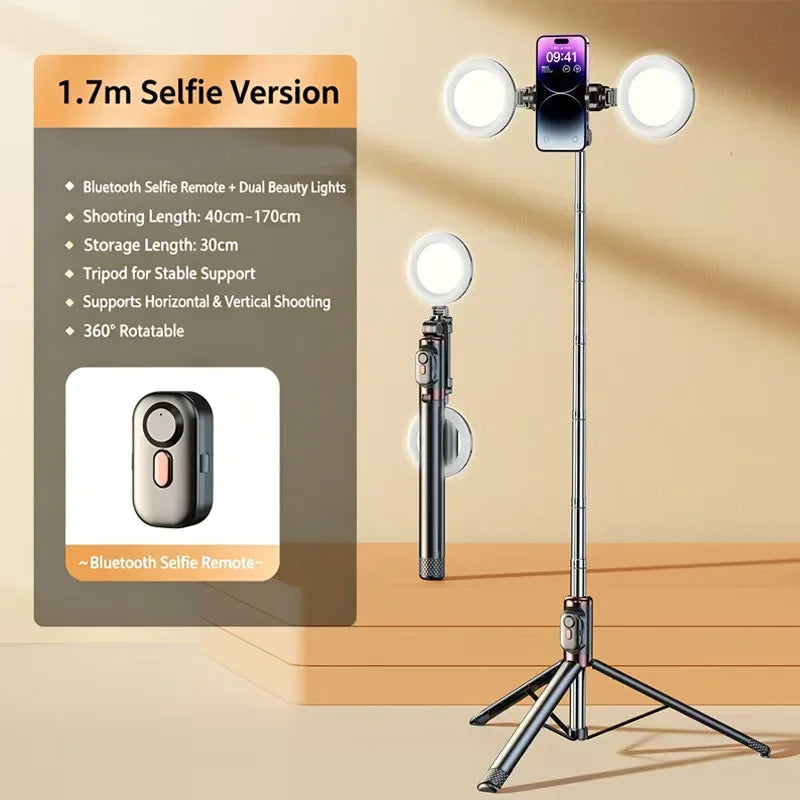Portable Selfie Stick 360° Rotatable Tripod with Dual Beauty Fill Lights Scalable 1.7m Wireless Bluetooth Remote Phone Holder