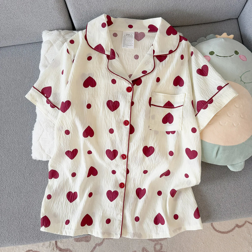 Women's Summer Pajamas, Thin Style with Heart-Shaped Pattern, Short-Sleeved Shorts, Sweet and Cute, Can Be Worn Outside in Summer, Two-Piece Home Wear Set