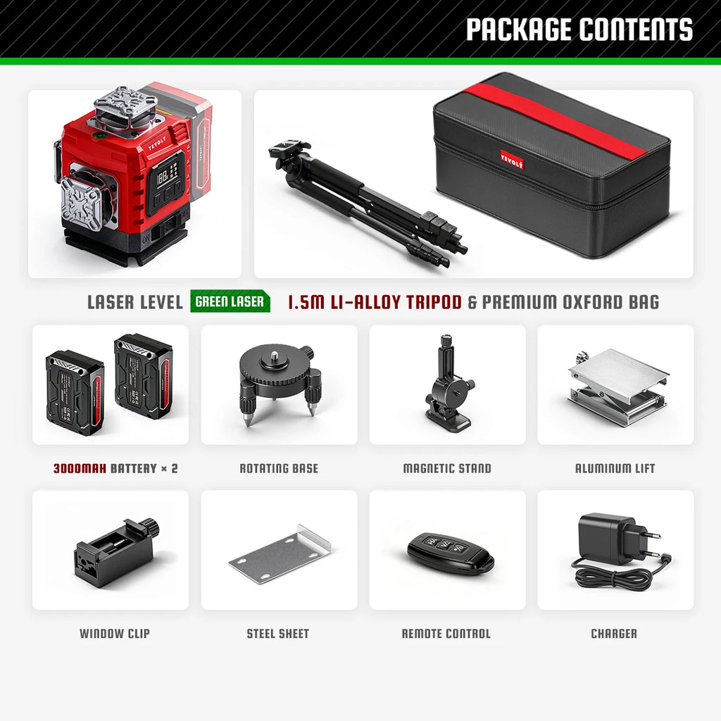YEVOLT 16‑Line Green Laser Level 4×360° Planes Gravity Self‑Adjust Slope Function Type‑C Power Build & Tile
