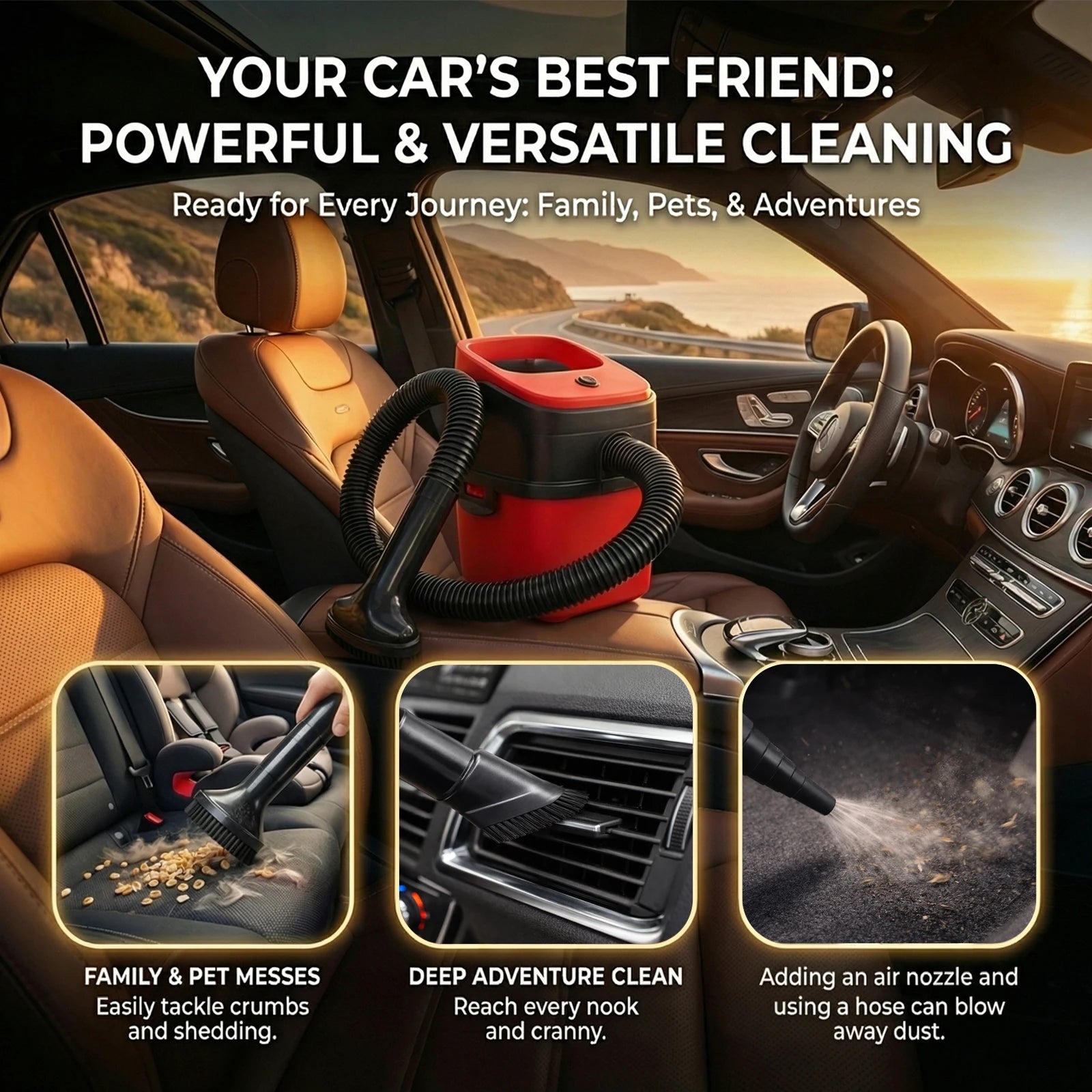 3in1 Handheld Car Vacuum Cleaner Wet Dry Use Powerful Suction Large Capacity Easy to Clean Suitable for Car Interior Cleaning