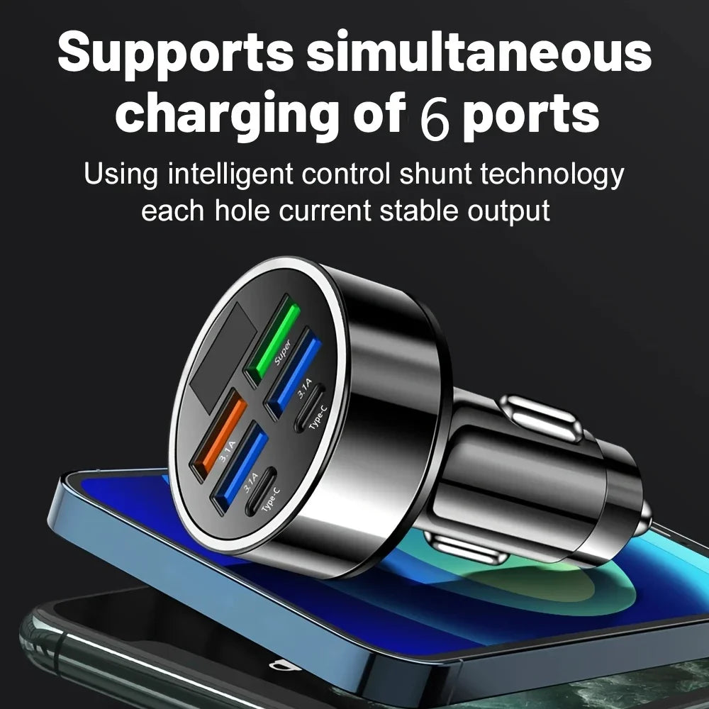 6-Port Car Charger, 3.1A USB & Type-C Fast Charge Adapter with LED Voltage Display Fast Delivery