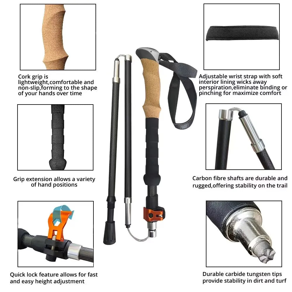 Trekking Poles Ultralight Carbon Fiber Folding Hiking Nordic Walking Stick Quick Flip-Lock Telescopic Crutches