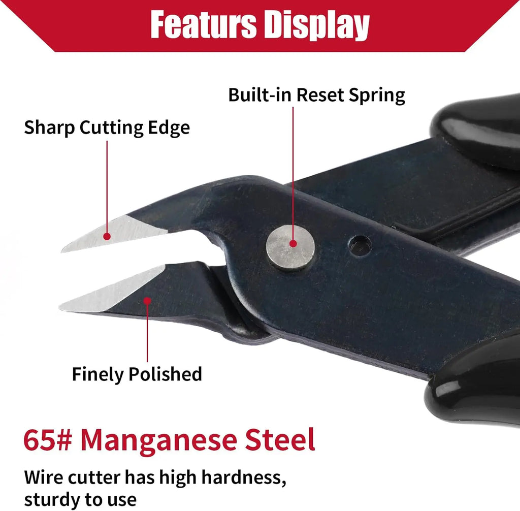 Micro Wire Cutters 5" Flush Pliers, Diagonal Side Nippers for Electronics & Plastic Models (Black)