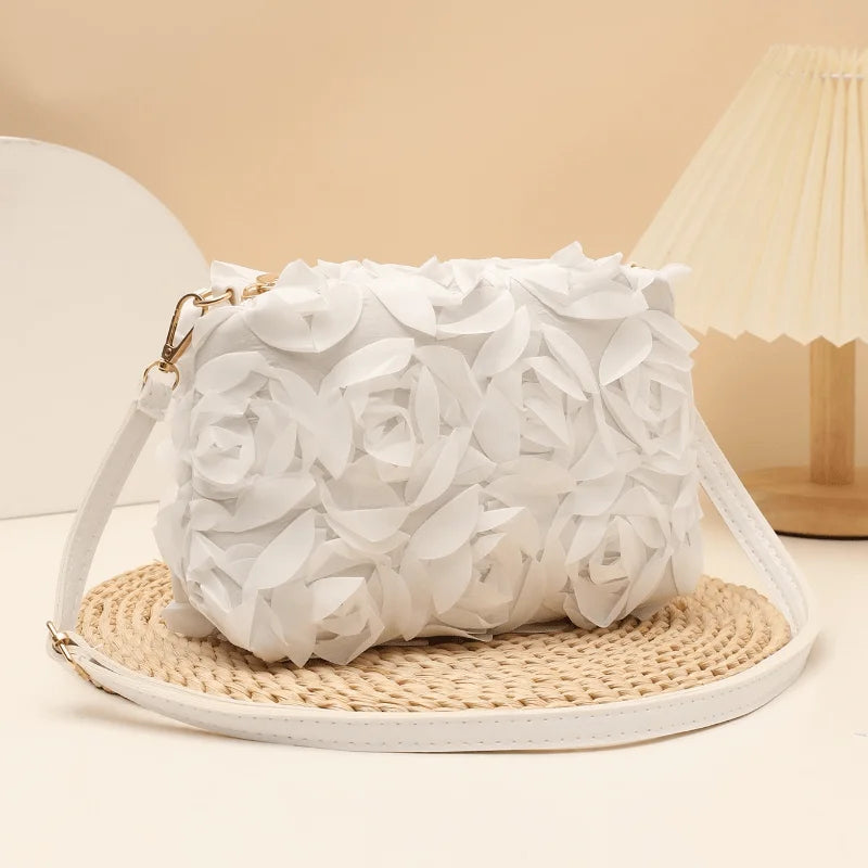 3D Rose Floral Crossbody Bag Faux Leather Zipper Closure Adjustable Strap Cylinder Shape Wedding Party Evening Purse