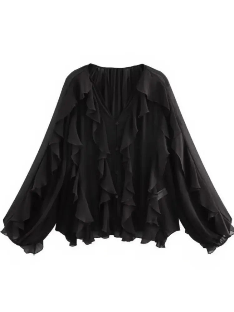 2026 Summer Chic Women's Elegant Loose Long Sleeve Layered Shirts Office Lady Vintage V-neck Translucent Tierred Ruffles Blouses