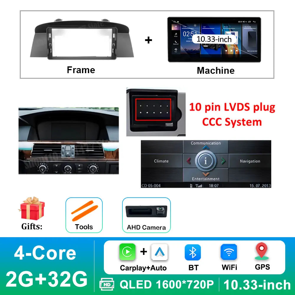 12.3 '' Ultra-thin Screen Android 16 BT for BMW 5 Series E60 E61 E62 2004 - 2012 CIC CCC System GPS Car Video Multimedia Player