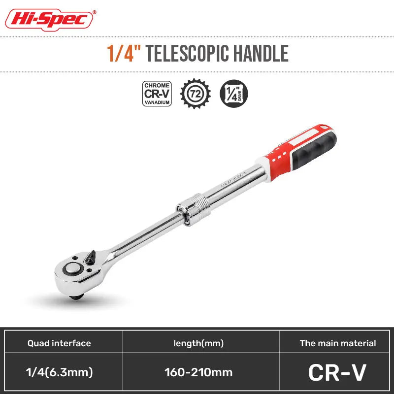 Hi-Spec 1/4 1/2 3/8 72-Tooth Carbon Steel Retractable Ratchet Wrench Automatic Quick Release Spanner Multifunctional Hand Tool