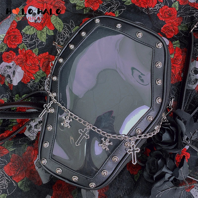 Gothic Punk Coffin Shape Ita Bag Women Clear Backpacks Dark Lolita Handbag and Shoulder Bag Girls Cosplay Designer 2 Insert