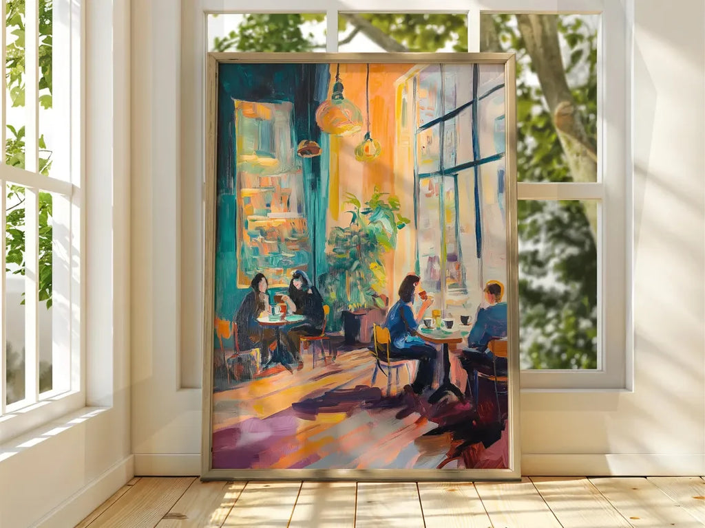 Woman Reading by the Window Poster, Cozy Book Lover Wall Art, Warm Yellow Interior Painting, Modern Impressionist Home Decor