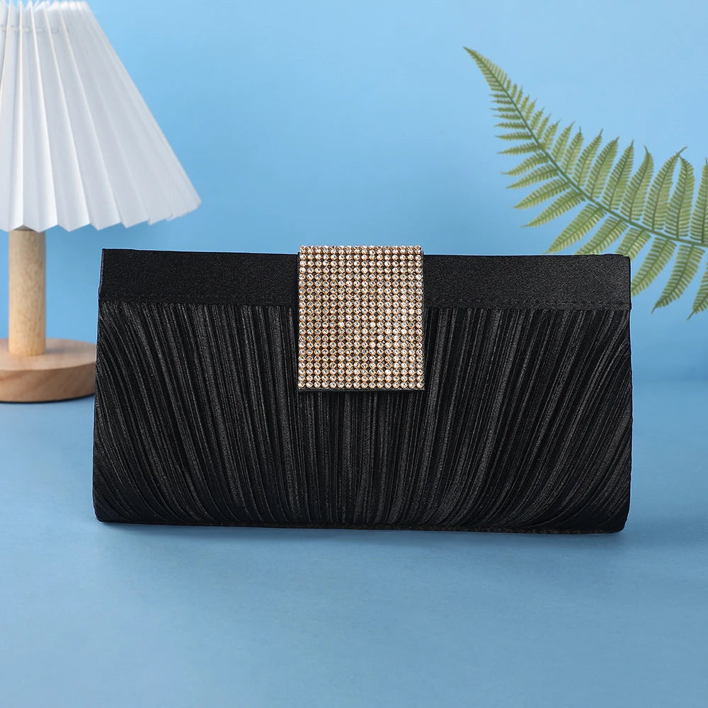 Popular Satin Clutch Bags Bridal Wedding Purse Shiny Pleated Crossbody Shoulder Handbag Rhinestone Evening Bags For Party