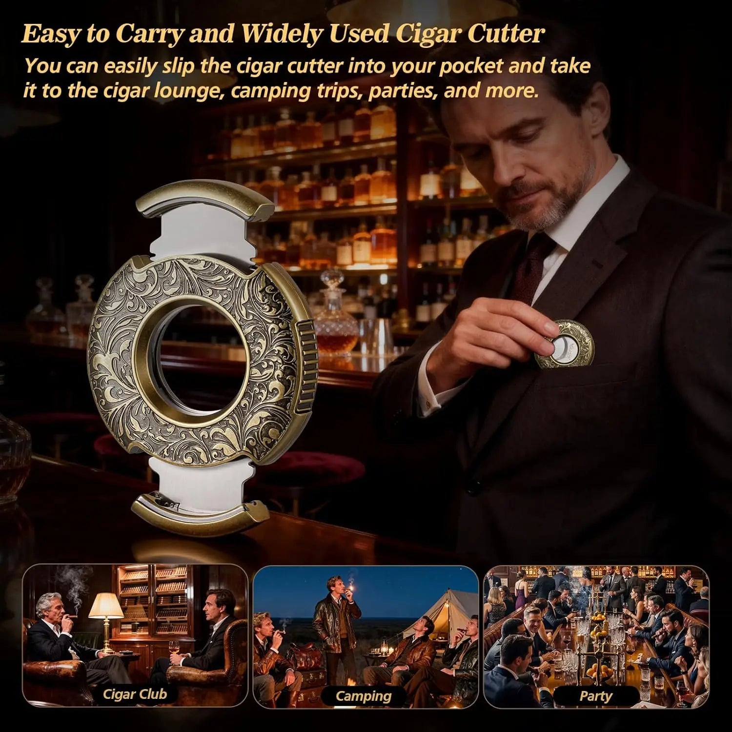 Cigar Cutter Guillotine Bronze Engraved Cigar Straight Cutter Round Shape Double Stainless Steel Blade Cigar Clipper