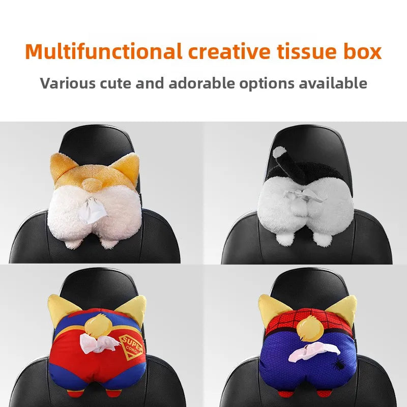 Creative Car Tissue Box, Corgi Cartoon Car Tissue Cover, Multi-Functional Car Armrest Box, Seat Back Tissue
