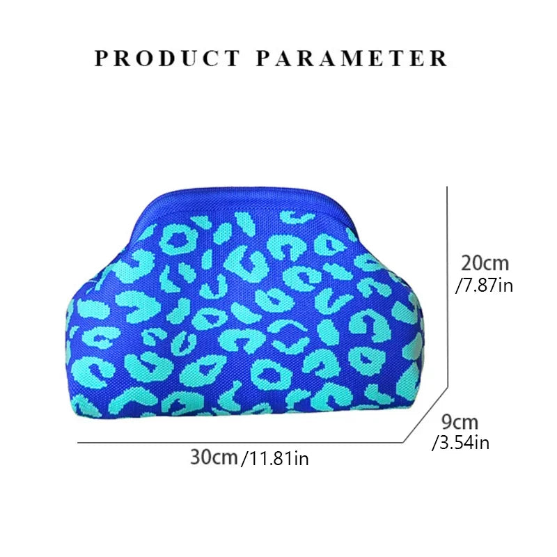 Leopard Print Knitted Clutch Bag Large Capacity Foldable Cloud Ruched Block Grid Clip Bag for Women Beach Crossbody Handbag
