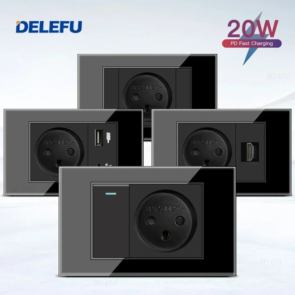 DELEFU Black Tempered Glass Israel USB Type C Fast Charging Wall Socket Light Tuya Wifi Smart Switch Sat TV Tel Doorbell Curtain