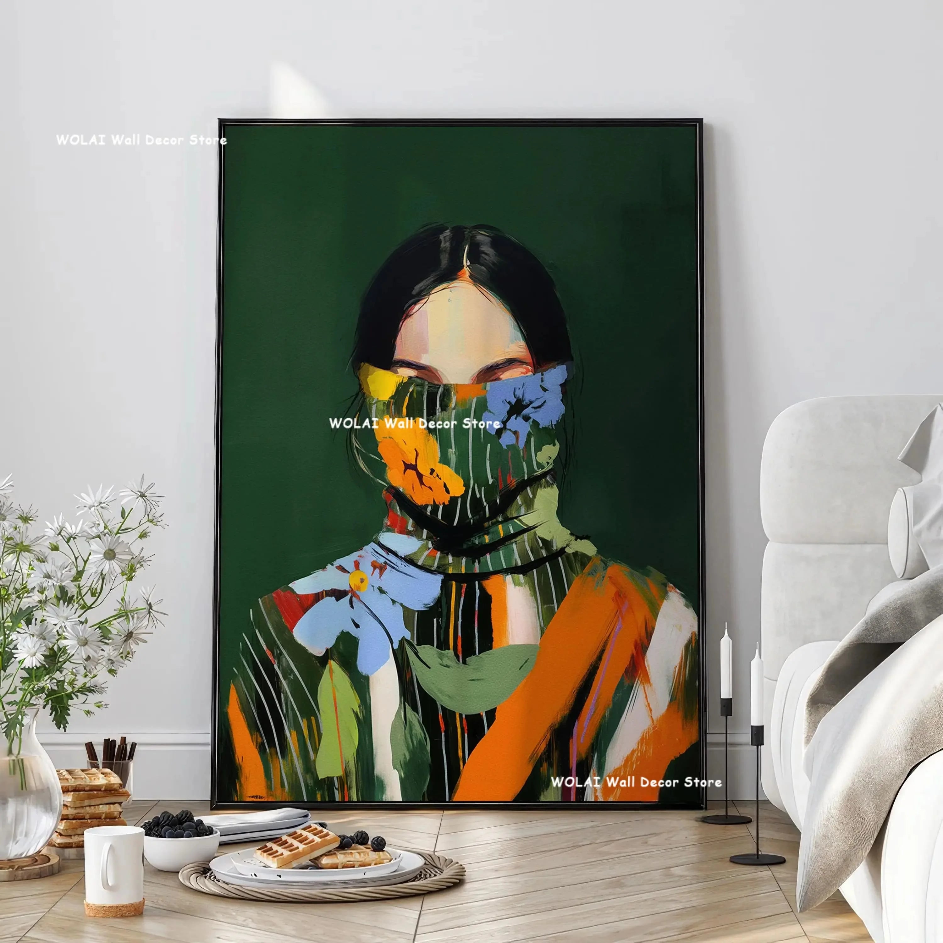 Green Abstract Figures Canvas Print with Flower Woman Minimalist Japandi Female Portrait Art Poster for Modern Living Room Decor