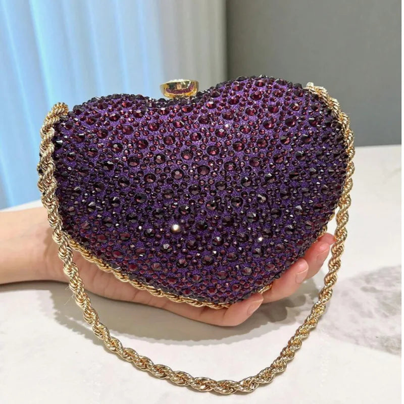 Luxury Diamond Inlay Heart Shape Crystal Clutch Purse Stones Evening Wedding Party Shoulder Bag Handle Rhinestone Mini Handbags