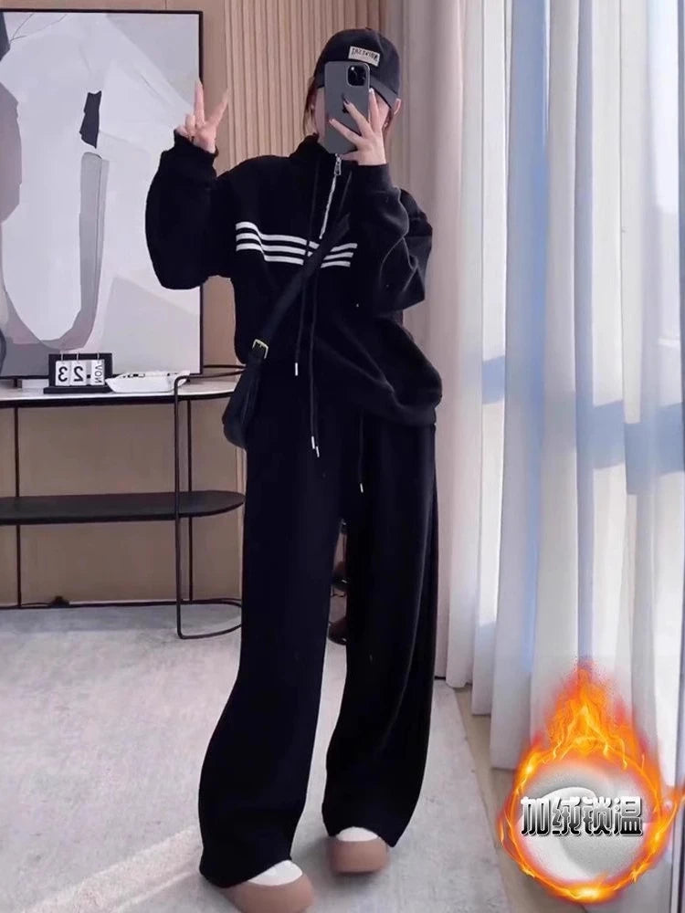 Thickened Design Striped Sweatshirt Set Women's New Autumn Fleece Wide Leg Casual Sweatpants Long-sleeved Top Two Piece Set