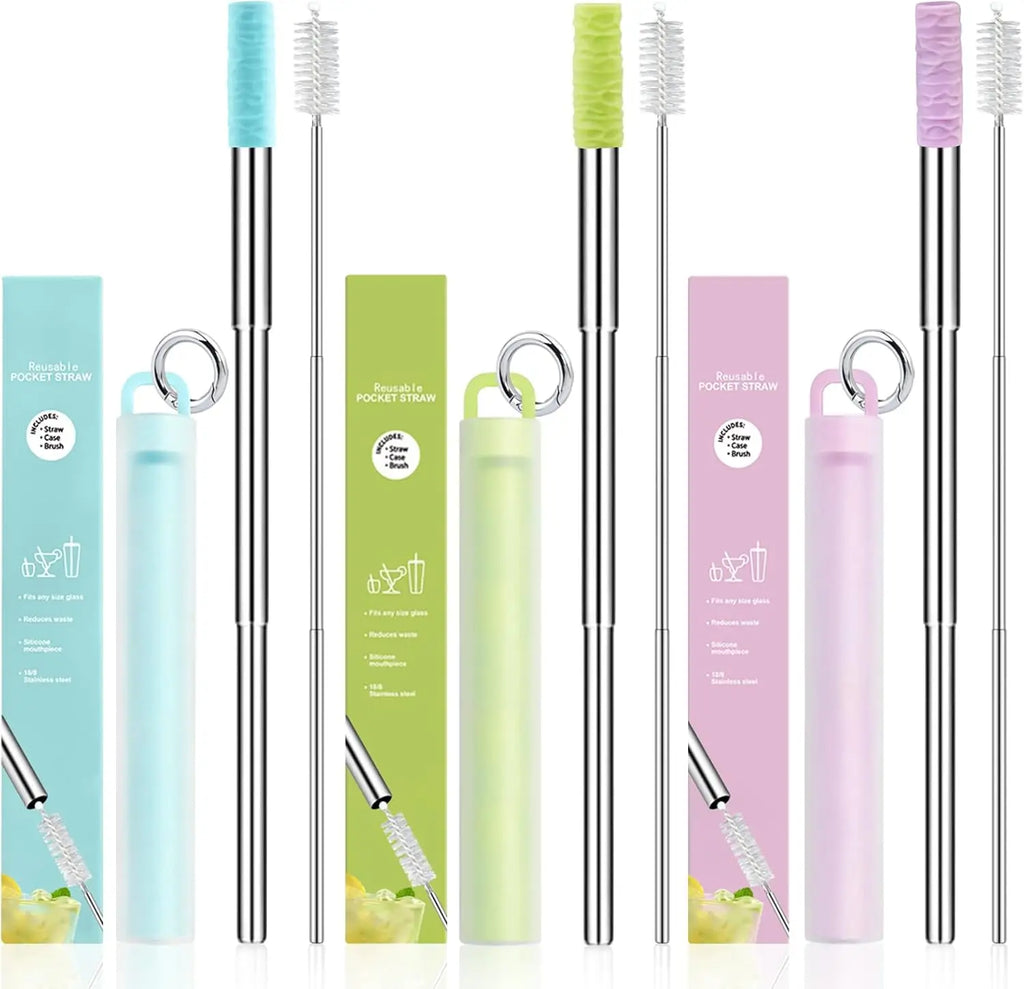 Reusable Straws Collapsible Stainless Steel Drinking Straw With Cleaning Brush Portable Straw For Travel Outdoor