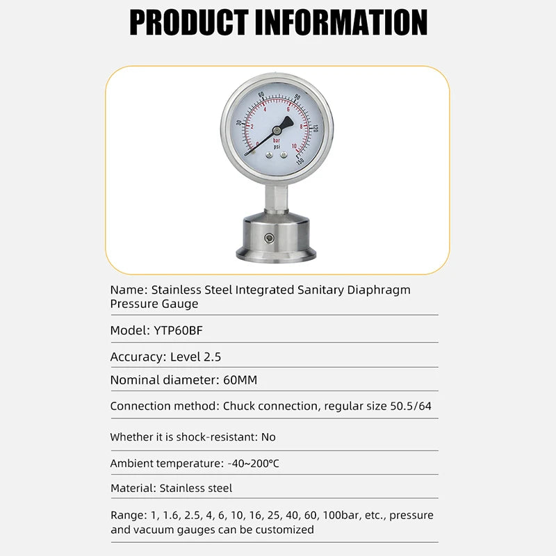Diaphragm Pressure Gauge Stainless Steel Integrated Sanitary Vacuum Gauge 60mm 50.5 Connection-40-200°