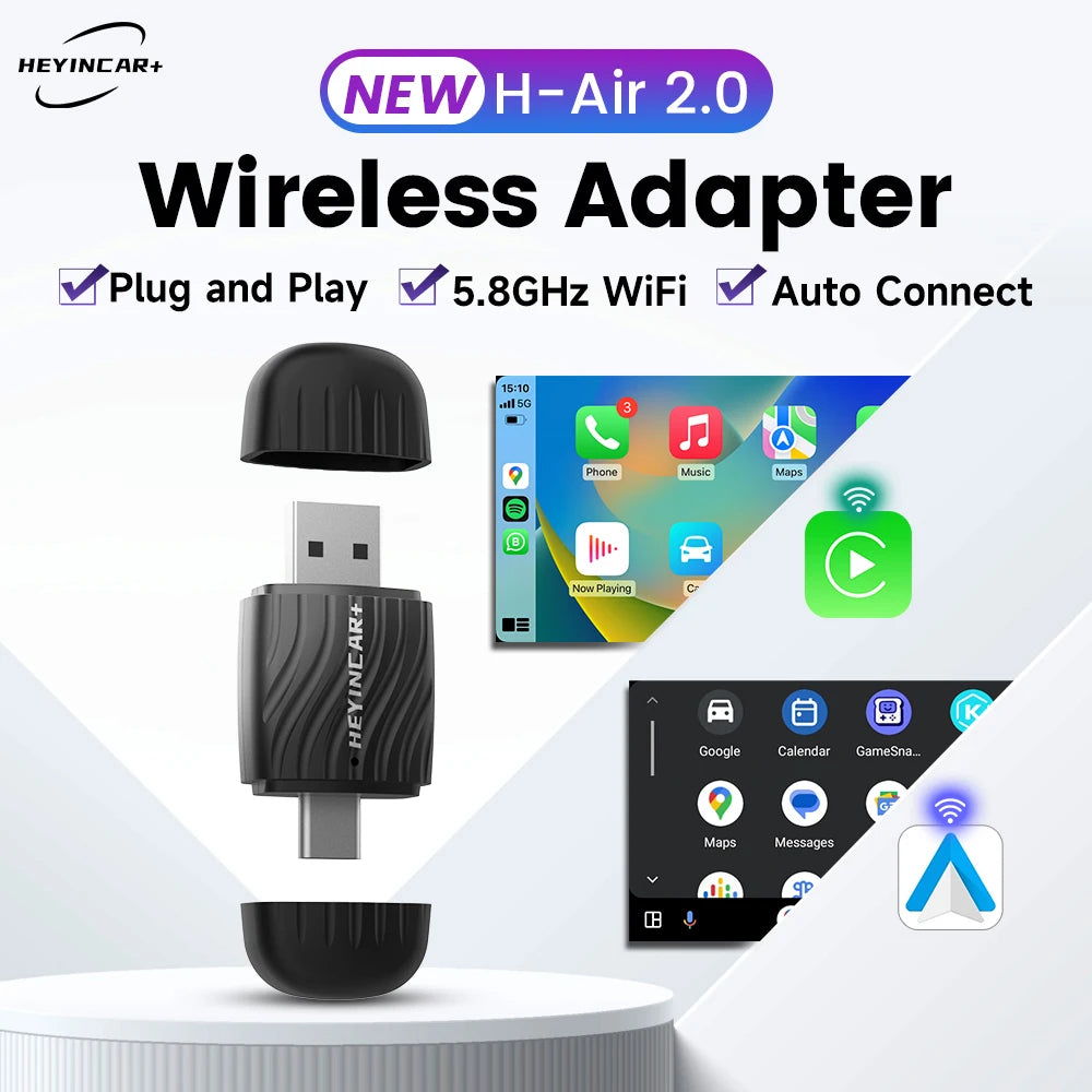 HEYINCAR 2 in 1 Universal Wireless CarPlay/Android Auto Wireless USB/Type-C Interface Adapter Smart Mini Box Plug Fast Connect