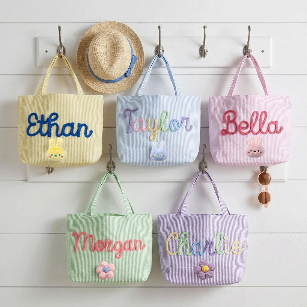 Custom Seersucker Cosmetic Handbag and Travel Organizer — Personalized Chenille Letter Toiletry Bag and Summer Beach Tote