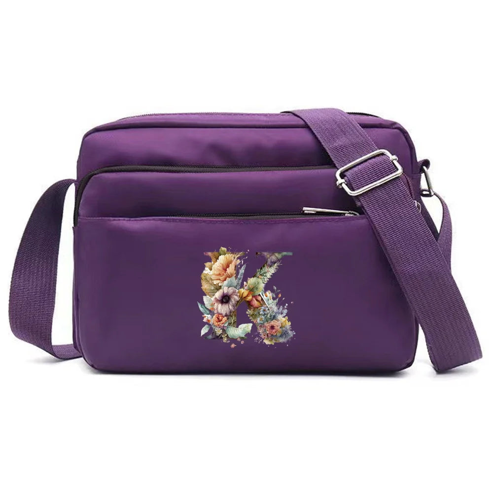 Leisure Purple One Shoulder Crossbody Bag Portable Commuting Large Capacity Floral Letter Series Printing Pattern Storage Bag