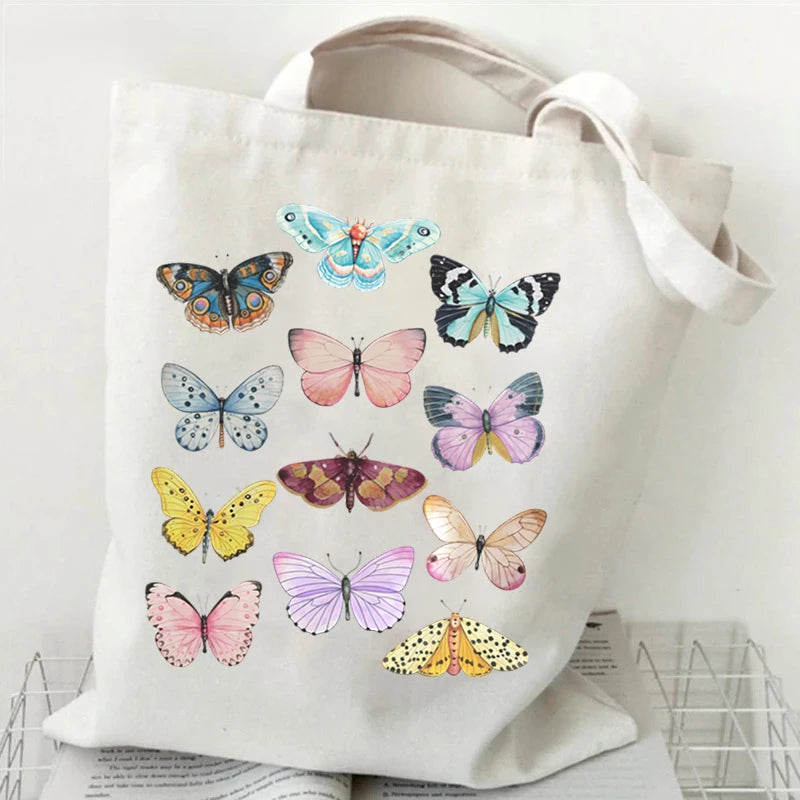 Flower Butterfly Design Canvas Shopping Bag Hot Selling Fashion Reusable Women Tote Bags Butterfly Lover Folding Shopping Bags
