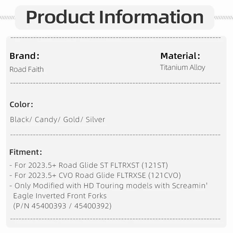 Road Faith Titanium Alloy Motorcycle Caliper Bolt Front Fender Bolts Anti-theft For HD 121CVO 121ST 24-up 117 Road/ Street Glide