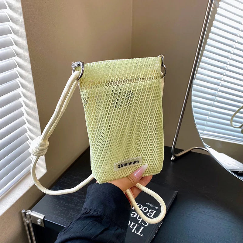 Sweet and Fresh Mobile Phone Bag for Women2025New Summer Hollow Out Single Shoulder Bag Crossbody Mesh Portable Storage Bag