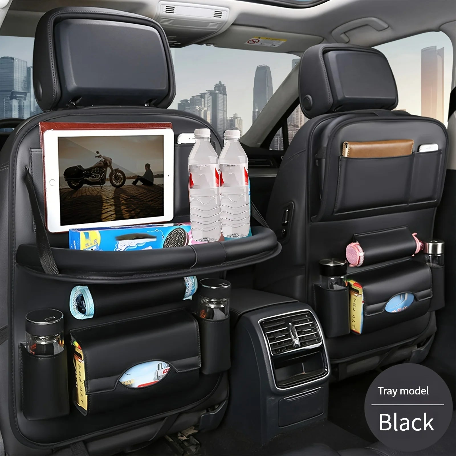 Upgrade Your Car with This Luxurious PU Leather Storage Bag and Tray - Perfect for Snacks and Toys