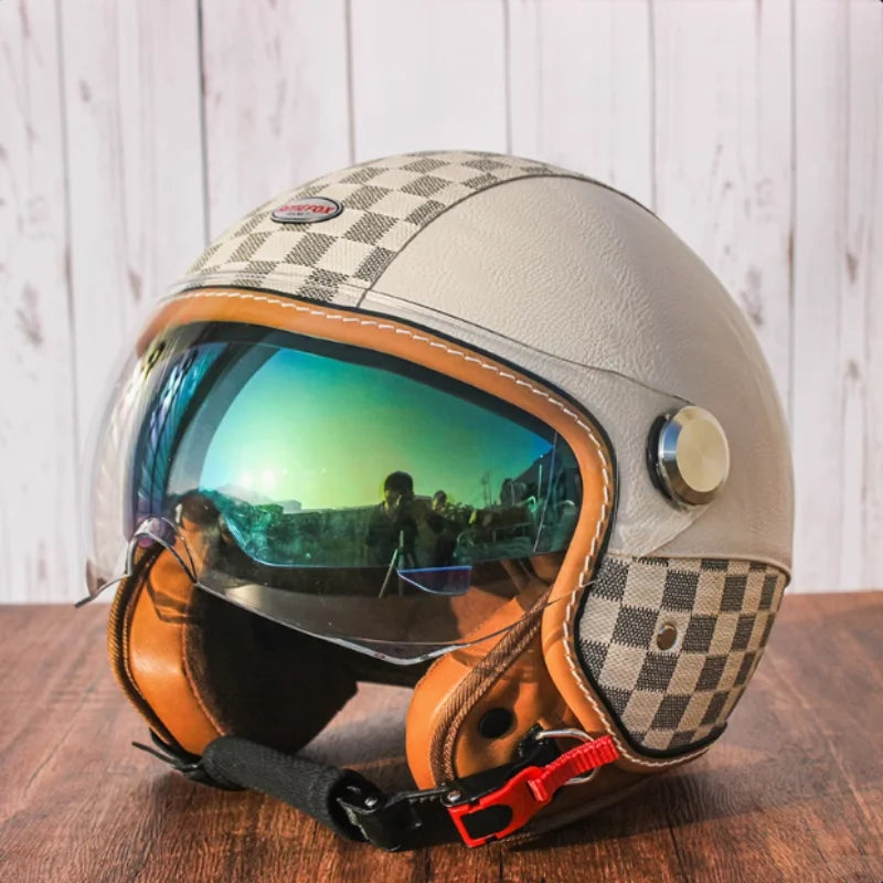 Brown Leather Original DOT ECE 3/4 Open Face Helmet MT Capacete Motorcycle Helmet JET Scooter Bike Half Helmets Cascos Para Moto