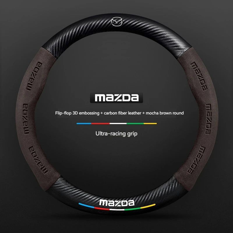 For Mazda 3 5 6 SKYACTIV Axela Atenza CX30 CX5 CX8 CX9 MX5 RX8 RX7 BT50 Carbon fiber Suede Car Steering Wheel Cover Accessories