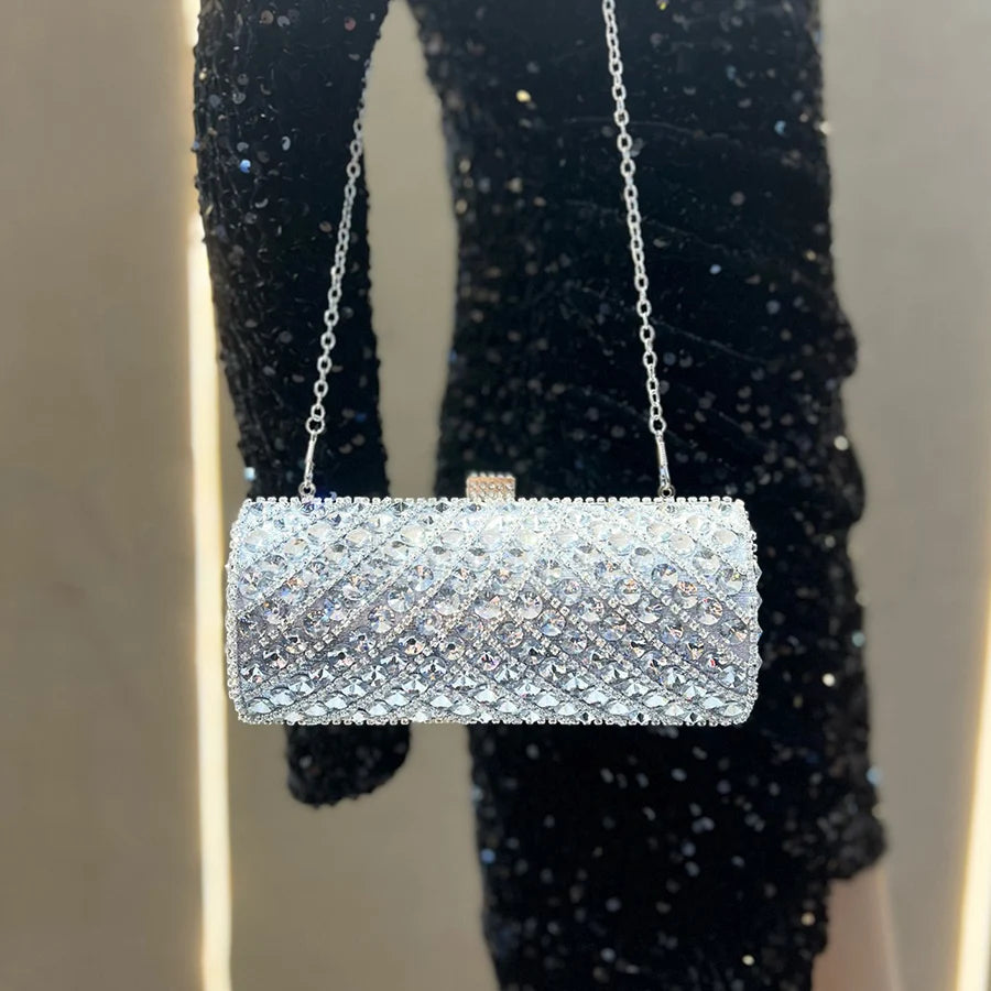 Cylindrical Shape Women Clutch Evening Bag Crystal Bridal Wedding Purse Rhinestones Handbags Chains Crossbody Bags for Women Sac