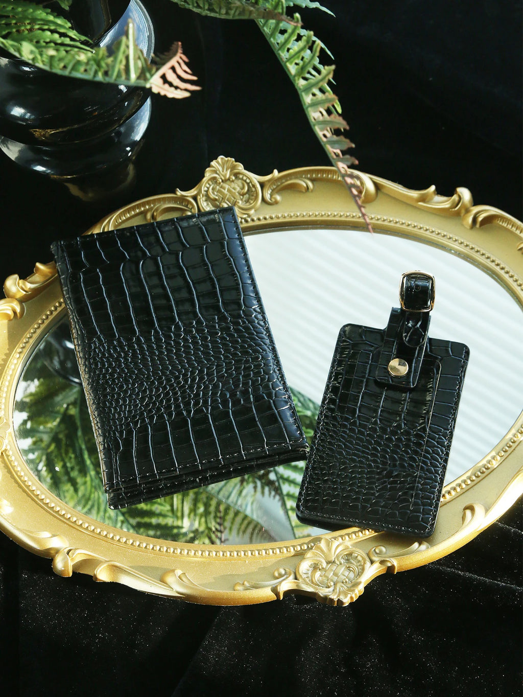Personalized Custom initial Gloss Croc Texture Leather Passport Wallet with Luggage Tag Set Travel Suitcase Anti-Lost Tag
