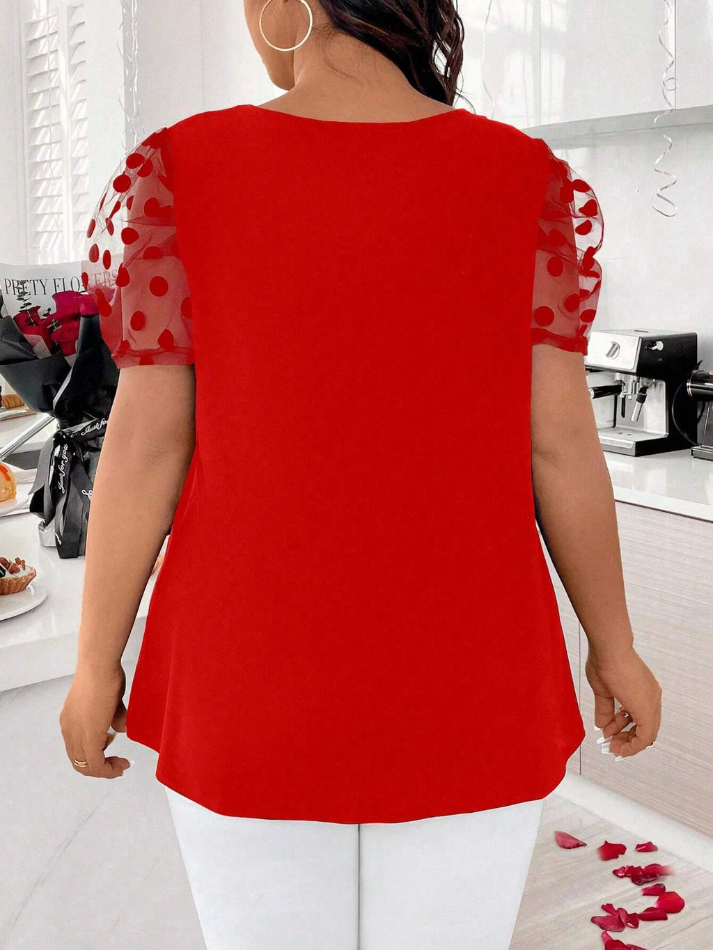 Plus Size Round Neck Mesh Puff Sleeve Pearl Cutout Red Curved Hem Blouse, Tee For Casual & Party Women