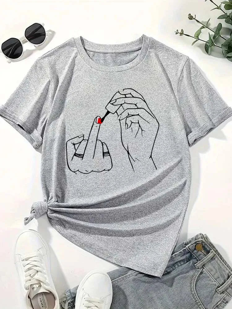 Summer Comfortable Soft Short Sleeve O-Neck Tops Casual Female Clothes Women Middle Finger Nail Polish Prints T Shirt