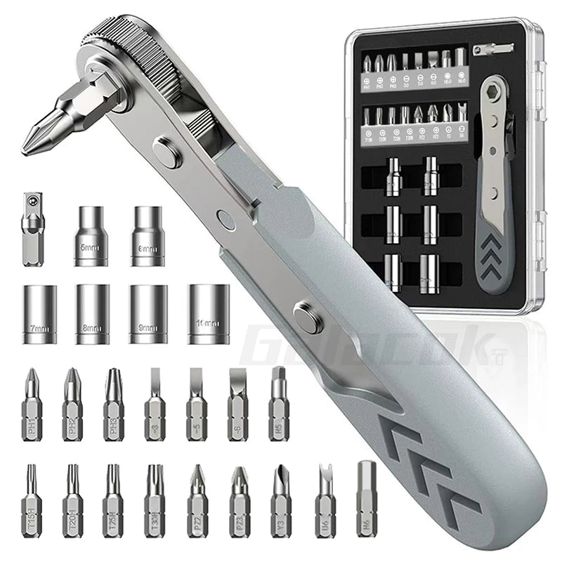 24 in 1 Right Angle Ratcheting Screwdriver Set 36-Tooth Mini Ratchet Socket Sleeve Wrench Set Car Repair Tool Hand Tools Key Set