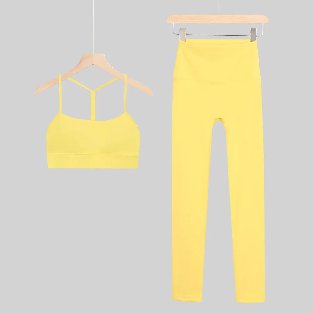 New Yoga Women Vest Gym Top Y-shape Bra Set Comfortable Running Fitness Cropped Pants Sportswear