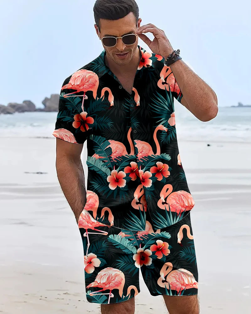 Funny 3D Flamingo Printed Men's Shirts Hawaiian Beach Vacation Short Sleeve Shorts 2 Piece Summer Hip Hop Trend Fashion Men Sets