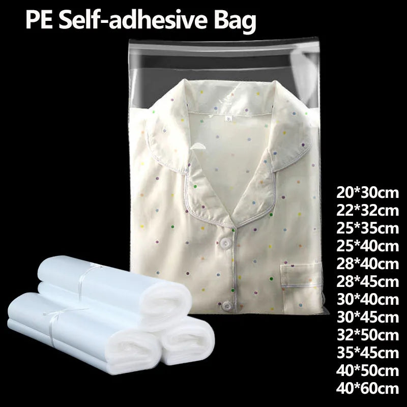 100pcs PE Transparent Self-adhesive Bags For Clothes T-Shirt Packaging Plastic Pouch Clear Waterproof Sealed Bag Wholesale
