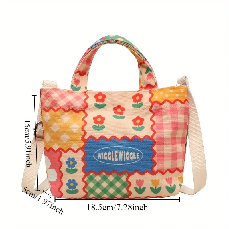 Mini Cute Canvas Crossbody Bag, Kawaii Cartoon Print Tote Shoulder Bag, Women's Fashion Handbags And Purses