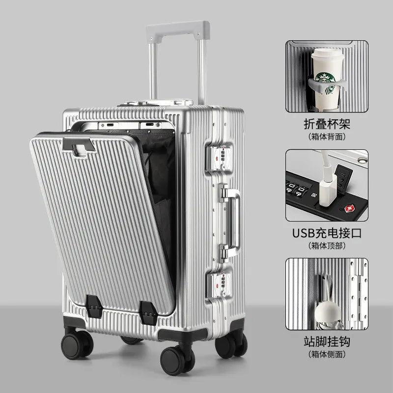 2026 new front opening luggage compartment, multifunctional business travel suitcase, sturdy passenger boarding suitcase