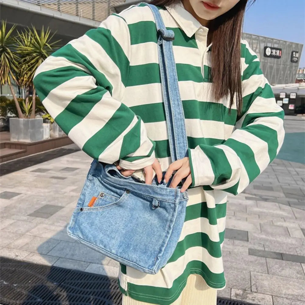 Fashion Large Capacity Denim Crossbody Bag Handbag Commute Canvas Tote Bag Simple Small Square Bag Cloth Shoulder Bag Boys