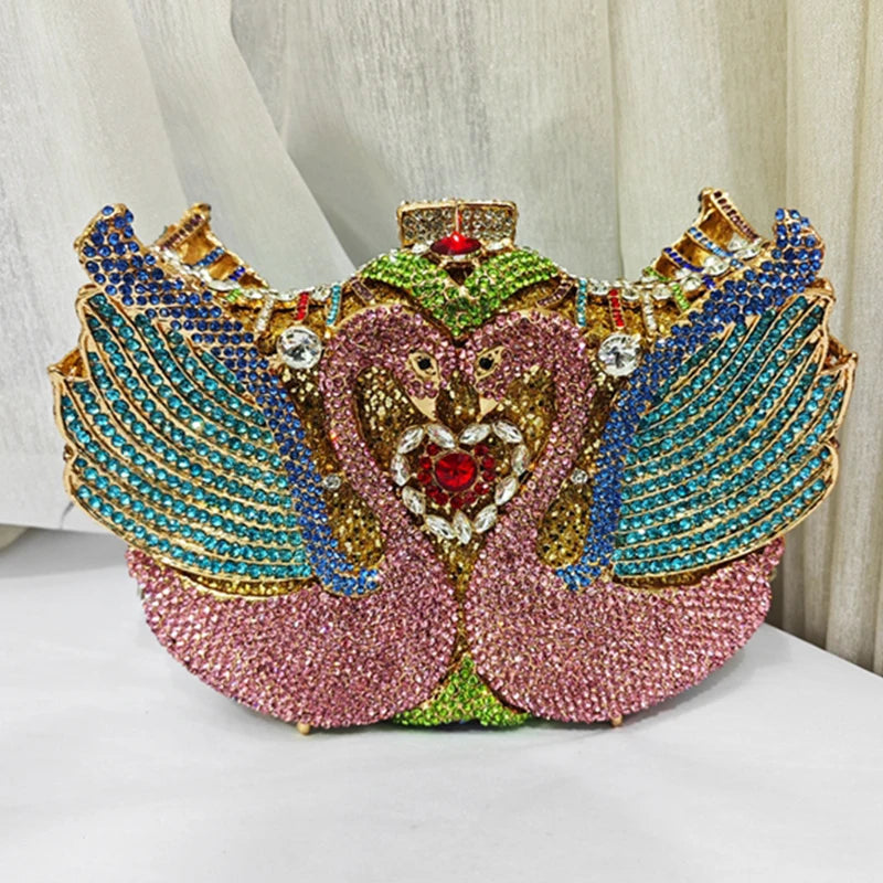 Rhinestone Evening Bag Purses  Purple/Gold  Gold Metal Bag WHTUOHENG Female Diamond Swan Shape Prom Party Purses Phone Clutch