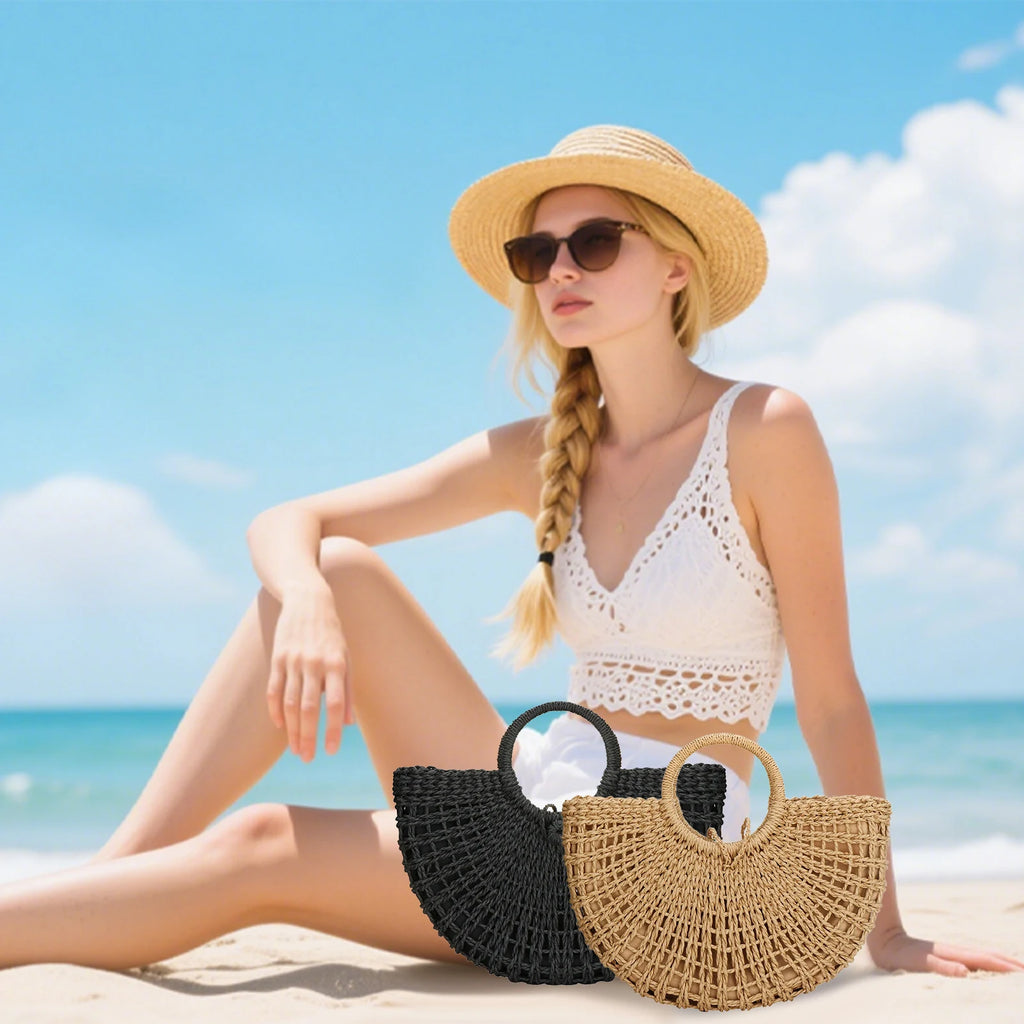 Large Capacity Summer Handmade Straw Weave Bags For Women Half-Round Rattan Woven Beach Bag Ladies Beach Wrapped Handbags Totes