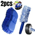 2 PCS Car Care Tool Set Ultra Soft Microfiber Wash Glove Scratch Proof Wheel Brush Deep Clean Polish Rims